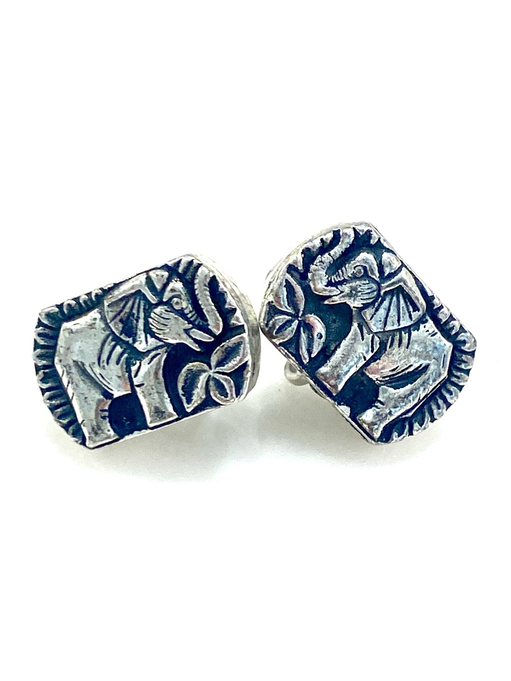 Vintage Silver Tone Embossed Elephant Screw Back Earrings Rectangular Repousse